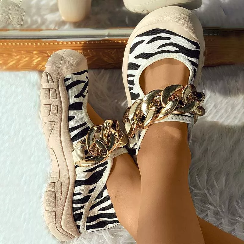 Women's Fashion Casual Canvas Animal Print Chain Magic Tape Flat Shoes